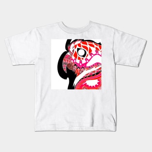 red pink parrot ecopop guacamaya bird in mexican pattern art Kids T-Shirt